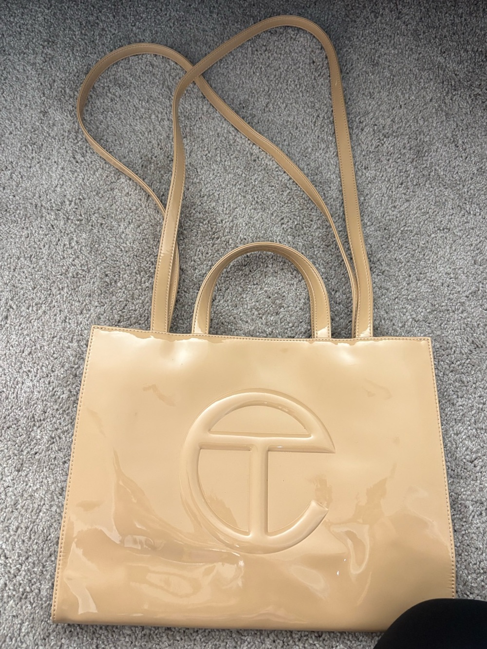 Beige TELFAR Patent Tote Bag with Embossed Monogram